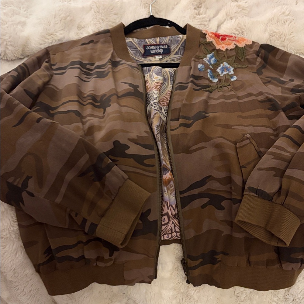 Johnny Was  Camouflage Jacket with Floral Embroidery
